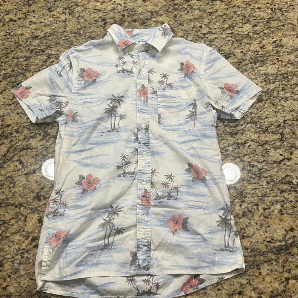 American Eagle Men XS Tropical Hibiscus Palm Tree Short Sleeve Button Down Shirt